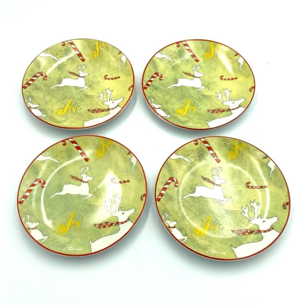 Ceramic Reindeer Plates Set of‎ 4 Candy Canes Joy Holiday Christmas Seasonal